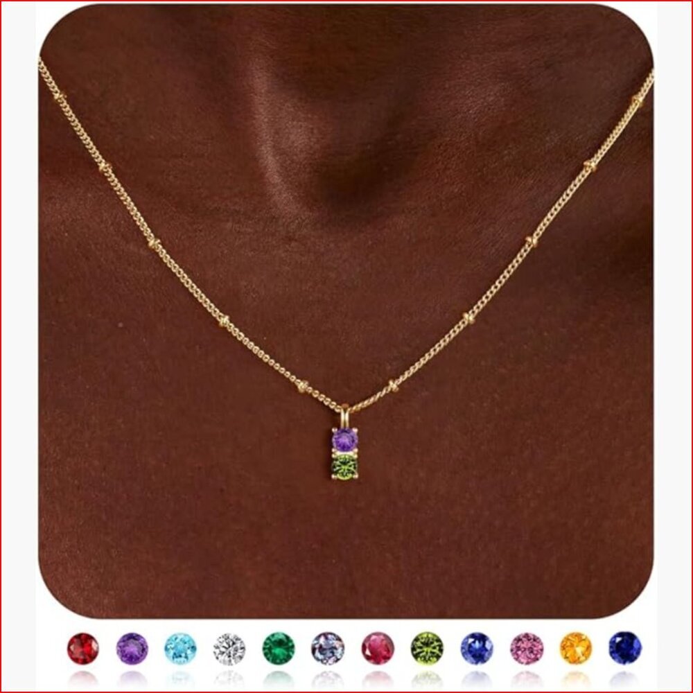 14K Gold Plated Double Birthstone Pendant Necklace Adjustable Chain
